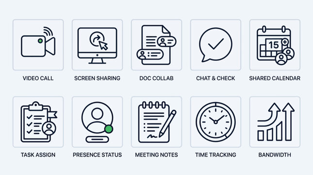 Icon set for remote work collaboration. video call active, screen sharing cursor, document collaboration, chat bubble with checkmark, shared calendar, task assignment and more vector icons.