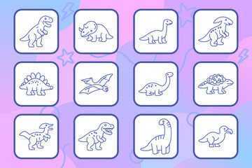 Dinosaur cartoon set icon. Tyrannosaurus, triceratops, brachiosaurus, stegosaurus, pterodactyl, herbivore, carnivore, prehistoric creatures, jurassic animals, playful style, kids theme © Кирилл Макаров