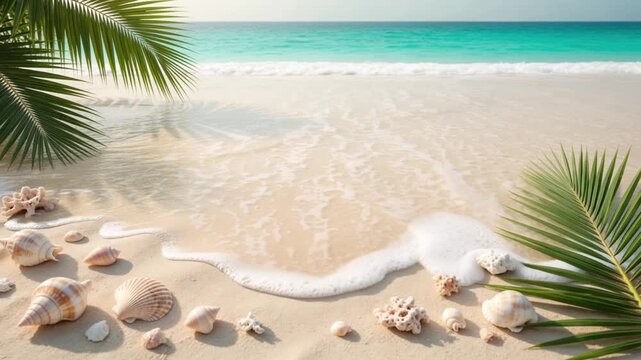 Stunning Tropical Beach Scene With Soft Waves Gently Rolling Onto White Sand Shoreline Decorated With Beautiful Seashells And Lush Palm Fronds Under The Golden Sunlight In A Peaceful Caribbean Paradis