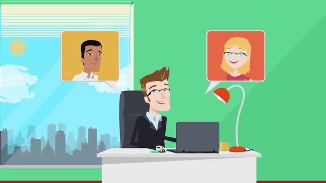 2D Animated Corporate Video Conference Call, Business Manager Having Online Meeting on Laptop with Remote Colleagues Animation