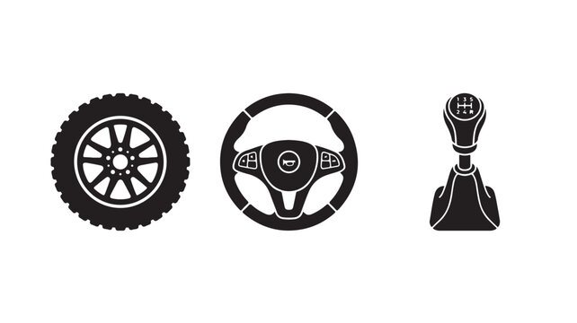 Car Tire Steering Wheel Gearshift Icons For Automotive Concepts