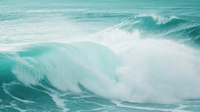 Stunning blue ocean wave rolling towards the shore with powerful white foam cresting across a turquoise sea surface during a sunny day capturing the raw beauty and motion of the splashing salt water