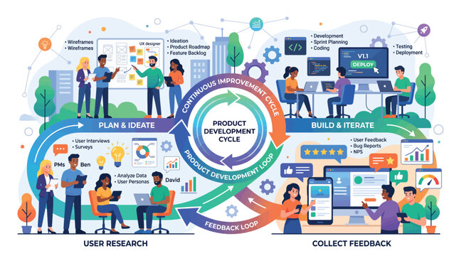 Vector illustration of product managers with users, feedback loops, iteration process, user research, modern flat style showing continuous improvement cycle.
