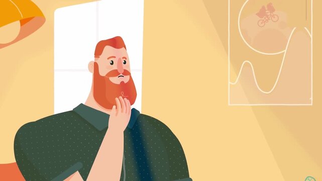 Animated Red Hair Bearded Man Thinking, 2D Character Face Expression of Contemplation and Idea Generation, Creative Thought Portrait