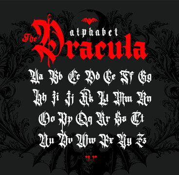 Modern Gothic, full English alphabet. Vector. Medieval uppercase and lowercase Latin letters. Signs and symbols for design. Ancient European style. Calligraphy and lettering.