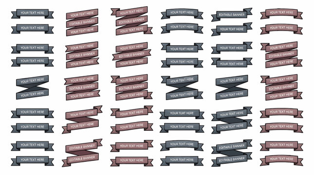 Vector Ribbons and Banners Collection in Flat Design, Dusty Rose and Dark Gray Hues on White Background, Multiple Layouts with Editable Text Areas, Graphic Resource Grid