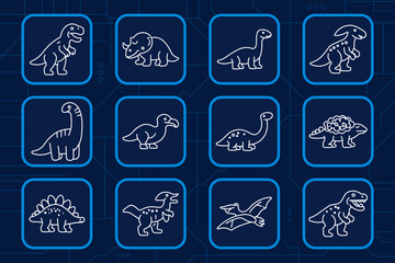 Dinosaur cartoon set icon. Tyrannosaurus, triceratops, long neck reptile, spotted dinosaur, stegosaurus, dodo bird, armored creature, raptor, flying pterosaur, prehistoric animal collection © Кирилл Макаров