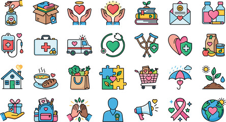 Fototapeta premium Charity and Community Donation Flat Color Icon Set with Medical Volunteering, Humanitarian Aid, and Social Support Symbols