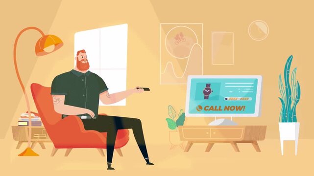 2D Animated Man Sitting in Living Room Holding Remote Control, Cozy Home Interior Character Lifestyle Relaxing Scene
