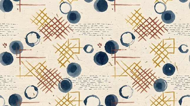 Abstract geometric seamless pattern featuring hand painted dark blue watercolor circles and thin intersecting golden and rust colored lines arranged in a repeating grid 