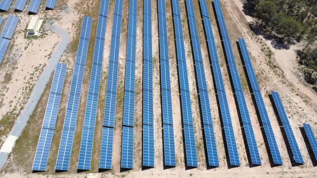 Aerial view of solar panels farm generating renewable energy