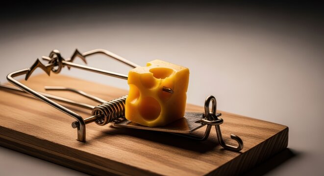 A menacing wooden snap trap is baited with delicious yellow cheese, ready to spring shut instantly and capture a destructive household rodent, bait, metal, sanitation