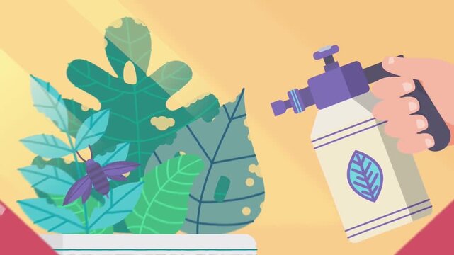 2D Animated Spray Bottle Misting Plant Leaves, Eco Friendly Gardening and Botanical Care Concept Illustration