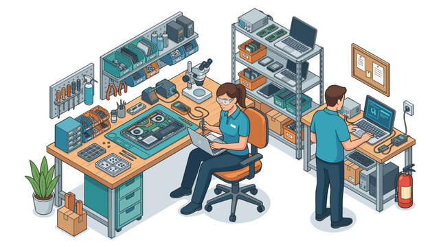 Laptop Repair Technician Isometric Flat Vector Illustration