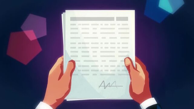 2D Animated Hands Holding Legal Contract Document and Signing, Business Agreement and Corporate Deal Signature Animation