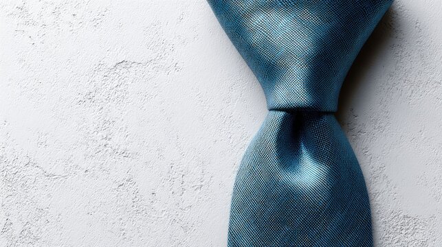 A dark blue necktie centered on a textured light grey background.