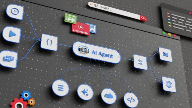AI Workflow Automation. Smart AI Assistant, Artificial Intelligence Software Interface Nodes Triggers Data Tool Dashboard, Coding, Process Flow, Digital Transformation. 3D Video Animation