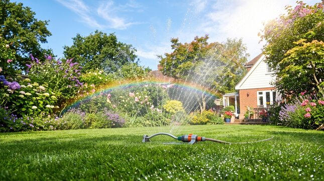 Garden sprinkler spraying water creating a rainbow in bright summer sunlight
