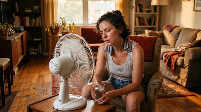 Exhausted person cooling down with a desk fan during a summer heatwave