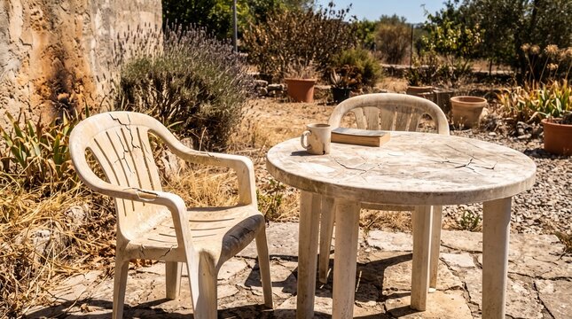 Faded and cracked plastic patio furniture left under intense summer sun