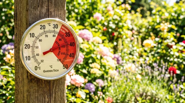 Outdoor thermometer showing extreme temperature in red zone during summer