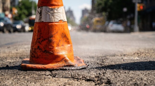 Melted orange traffic cone on sun-scorched asphalt during extreme summer heatwave