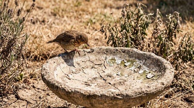 Thirsty bird on an empty dry bird bath during summer drought