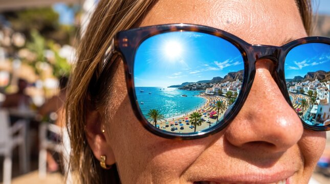 Close-up portrait of sunglasses reflecting summer sun and scenery during tropical holiday