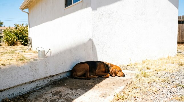 Dog resting in a small sliver of shade against a white wall during midday heat