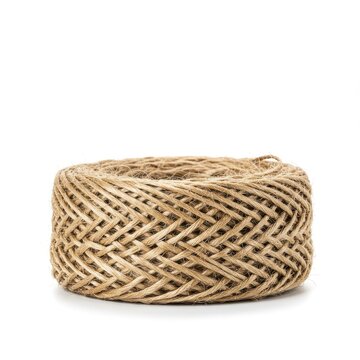 Natural braided jute rope cord arranged in a tight flat spiral coil. Organic Hessian material texture isolated against white, sustainable, twine, beige