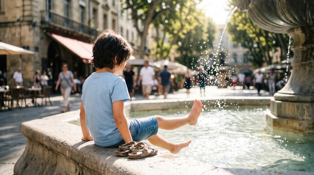Anonymous child sitting on city fountain edge cooling feet in water during heatwave