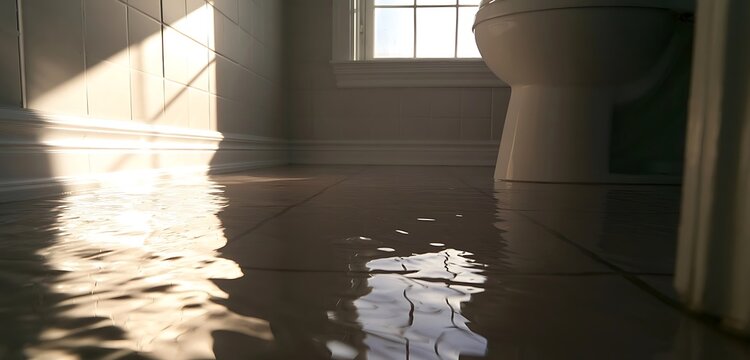 Sunlight reflecting on flooded bathroom floor with toilet and window.