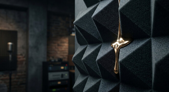 Acoustic foam panels with liquid gold drip, professional recording studio soundproofing, dark textured pyramid foam for music production and podcasting