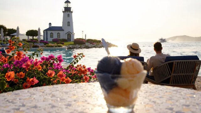 Delightful Ice Cream Treat Against Stunning Waterfront Scenery with Colorful Flowers and a Lighthouse in the Background, Perfect for a Relaxing Summer Day