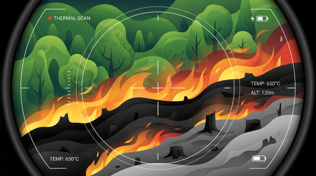 Artistic horizontal flat illustration of drone thermal monitoring screen with digital white crosshairs over golden fire line dividing green hills and black soil layers