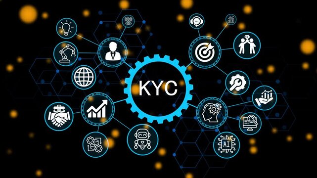 KYC, business concept. Modern business technology interface with gears and digital network icons. 4k animation video 
