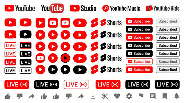YouTube logo set featuring YouTube Music, Studio, Kids, and Shorts branding alongside red subscribe buttons, live stream indicators, and a comprehensive collection of social media interface icons.