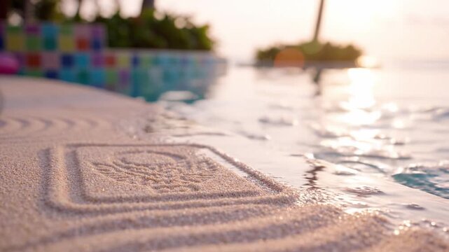 A tranquil summer scene featuring a poolside view, soft sand embossed with a logo, vibrant flower, and warm sunset casting a peaceful ambiance.