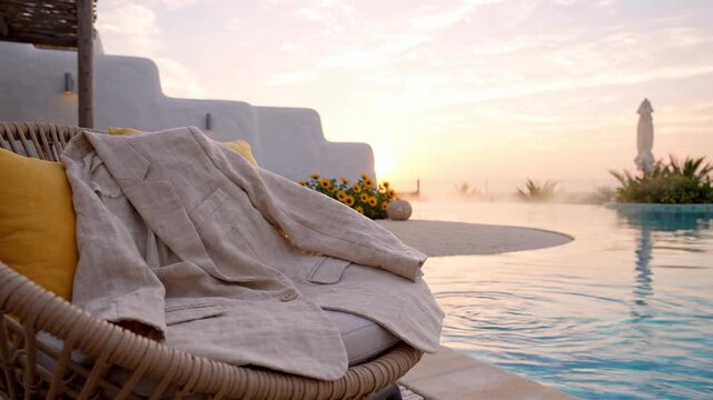 Elegant linen jacket draped over a comfortable chair beside a tranquil poolside at sunset, creating a serene and luxurious atmosphere for relaxation.