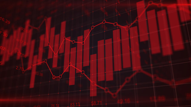 Stock market trading graph in red as 3D illustration background showing economy trading trends, financial crisis, economic development and investment decline concept