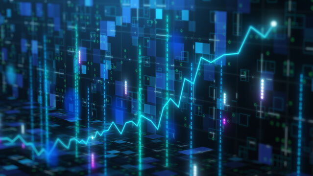 3D perspective line chart stock market and cyberspace, future index investment trend success information analysis, economic finance wealth trade concept