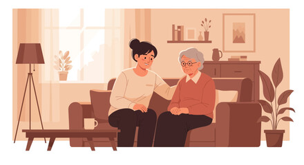 Fototapeta premium Elderly woman comforted by younger caregiver on sofa, indoor, warm tones, support concept