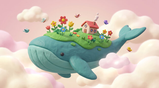 Joyful horizontal 3D digital illustration of a gigantic majestic whale with a vibrant green garden and tiny cottage floating inside pastel pink sky