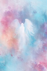 Naklejka premium Elegant watercolor vertical illustration of angel figure with soft wings on pastel tones, expressing peace, purity, divine presence. Suitable for posters, greeting cards, spiritual design projects