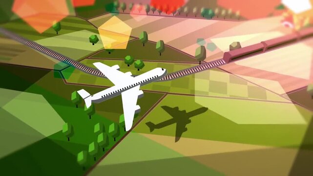 Animated Airplane Flying Over Low Poly Countryside Fields, 2D Stylized Isometric Map Travel and Cargo Aviation Concept