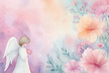 Naklejka premium Delicate watercolor composition First Communion invitation with cute cartoon angel and floral decoration on soft background with empty space for text. Ideal for church events, sacramental invitations