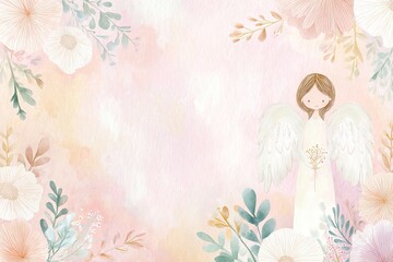 Naklejka premium Elegant watercolor First Communion card design with angel and floral decoration on pastel background with empty space for text. Suitable for invitations, posters, religious event branding