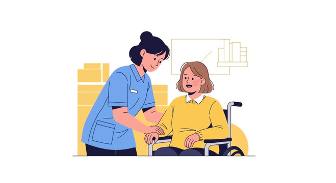 Nurse helping elderly woman in wheelchair, illustration, medical care concept
