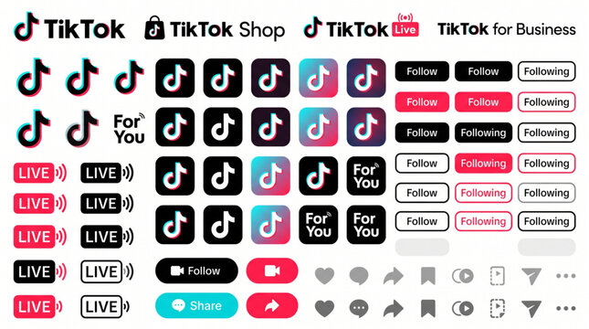 TikTok is a social media platform for video creators, featuring brand logos, live icons, follow buttons, and interface elements for mobile app design mockups, logos of famous brands and icons.