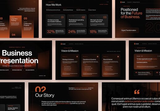 Business Presentation Template in Corporate Dark Black & Orange Theme For Company Profile Pitch Deck